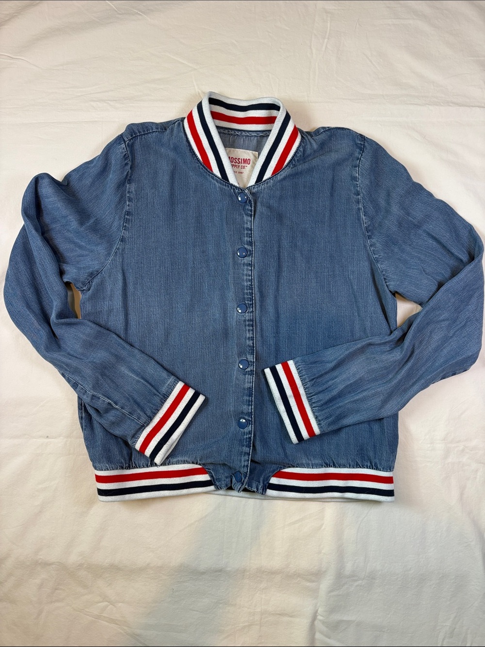 Mossimo Supply Co. Light Blue Denim Varsity Jacket with Red & Navy Trim
